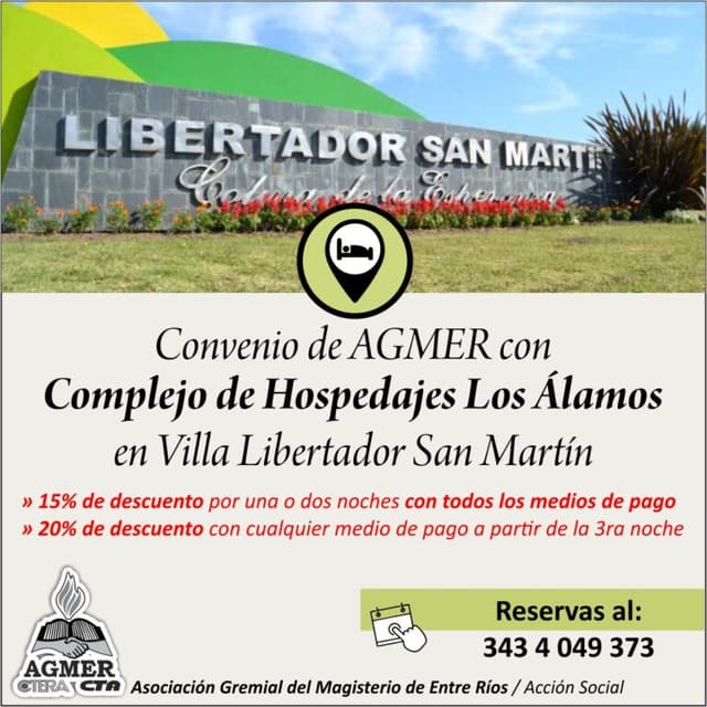 Información y detalles sobre convenio de Agmer con alojamientos en Villa Libertador San Martín